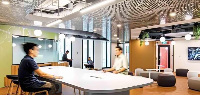 Modern office ceiling design featuring creative metal elements for a productive and inspiring workspace