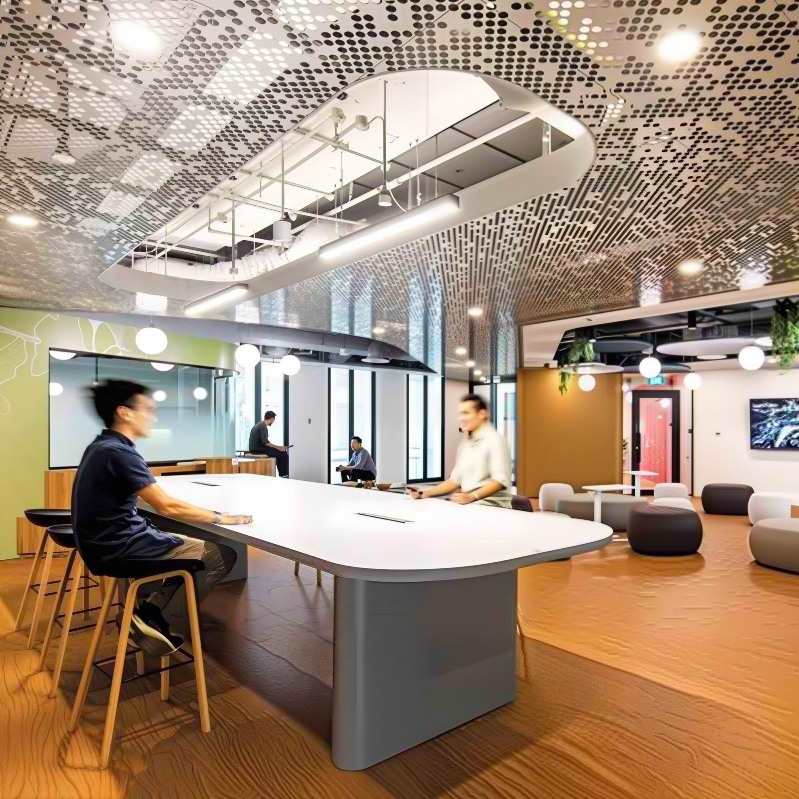 Modern office ceiling design featuring creative metal elements for a productive and inspiring workspace