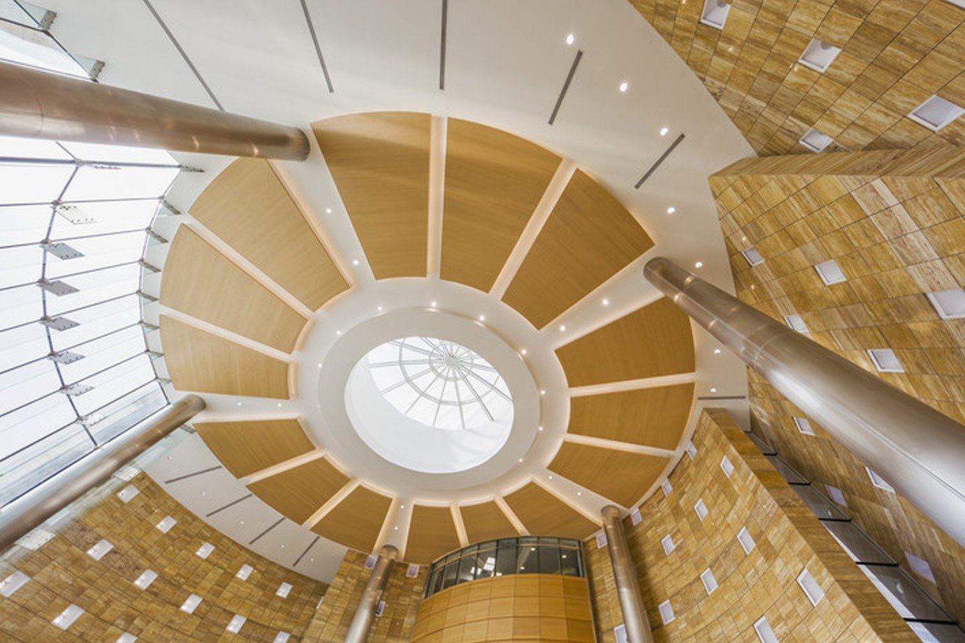 Stainless steel columns in the atrium of Sidra Medical and Research Center