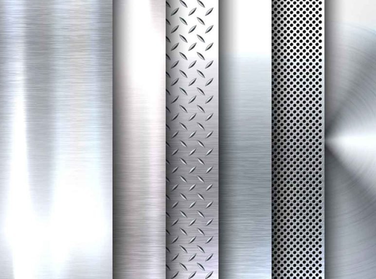 Metal surface finishes for architectural materials showcasing different stainless steel textures and decorative patterns for architectural applications.