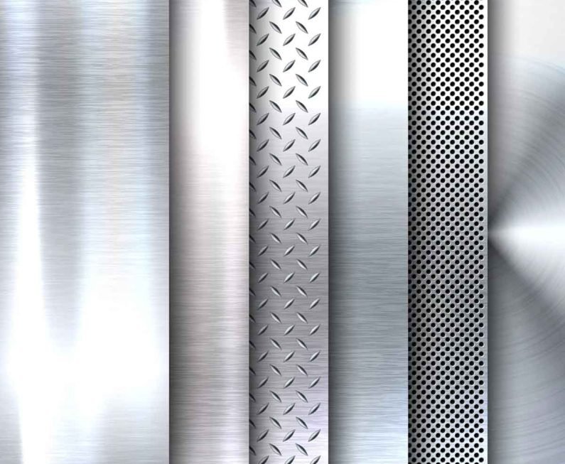 Metal surface finishes for architectural materials showcasing different stainless steel textures and decorative patterns for architectural applications.