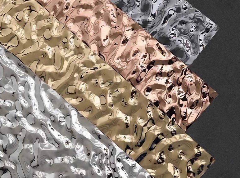 Close-up of a water ripple metal patterns with a reflective, undulating surface texture.