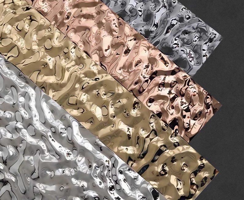 Close-up of a water ripple metal patterns with a reflective, undulating surface texture.