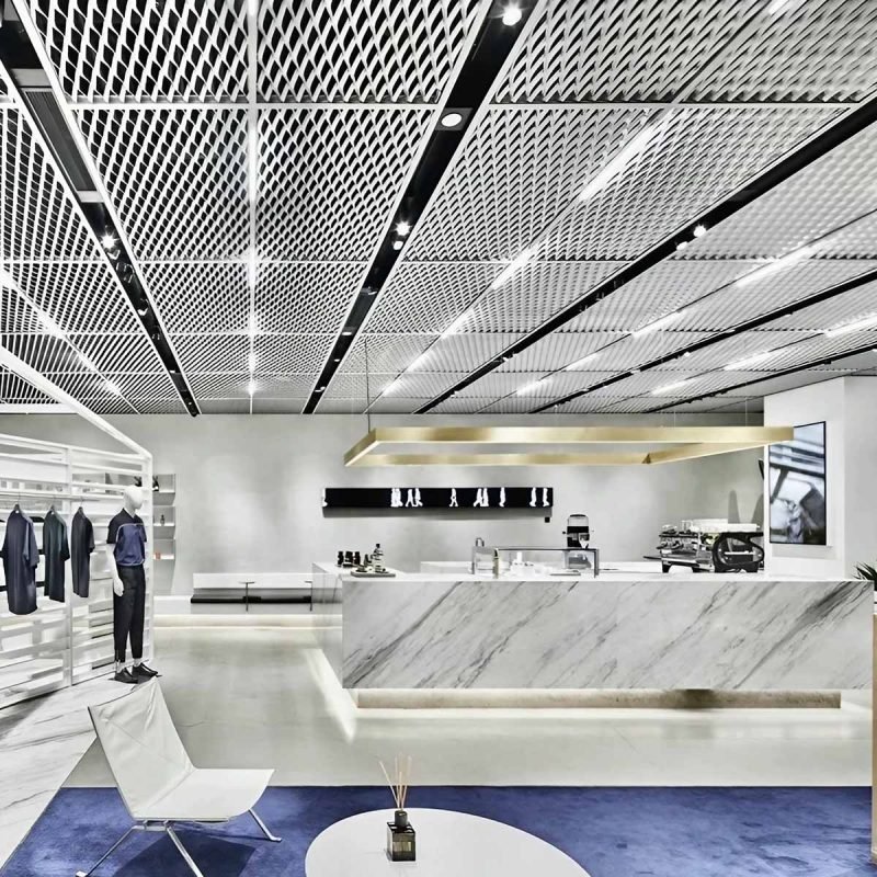 Custom expanded metal mesh ceiling panels for modern architectural interior designs