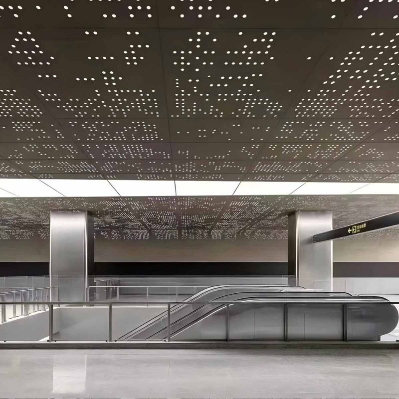 Perforated metal ceiling panels/systems with custom designs for architectural interiors