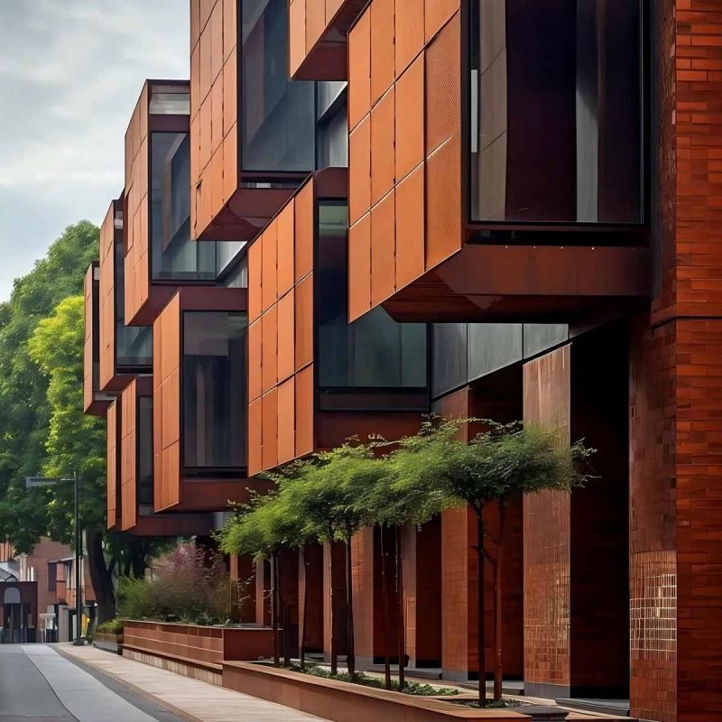 Corten steel facade & wall cladding panels of TBK Metal, showcasing a natural weathered appearance that enhances building exteriors with unique textures.
