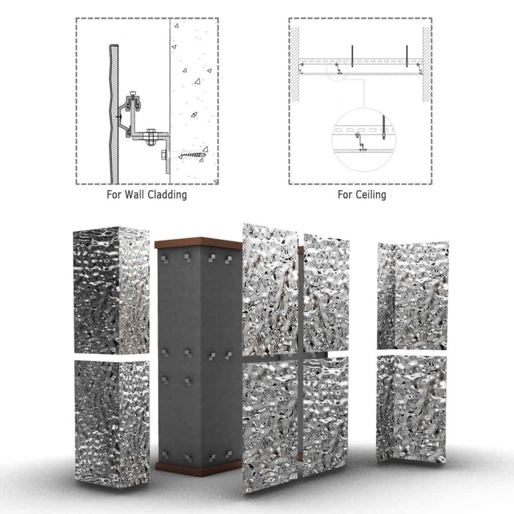 Installation of water ripple stainless steel wall panels for architectural interior applications
