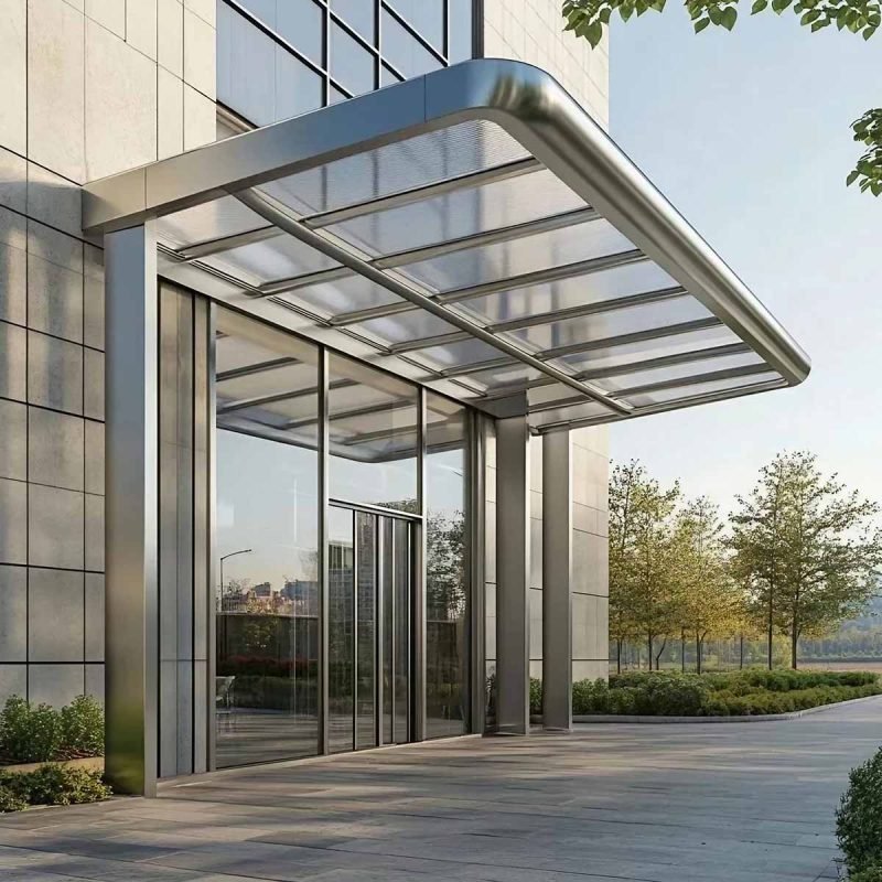 Custom stainless steel glass canopy by TBK Metal Australia for modern building entrance