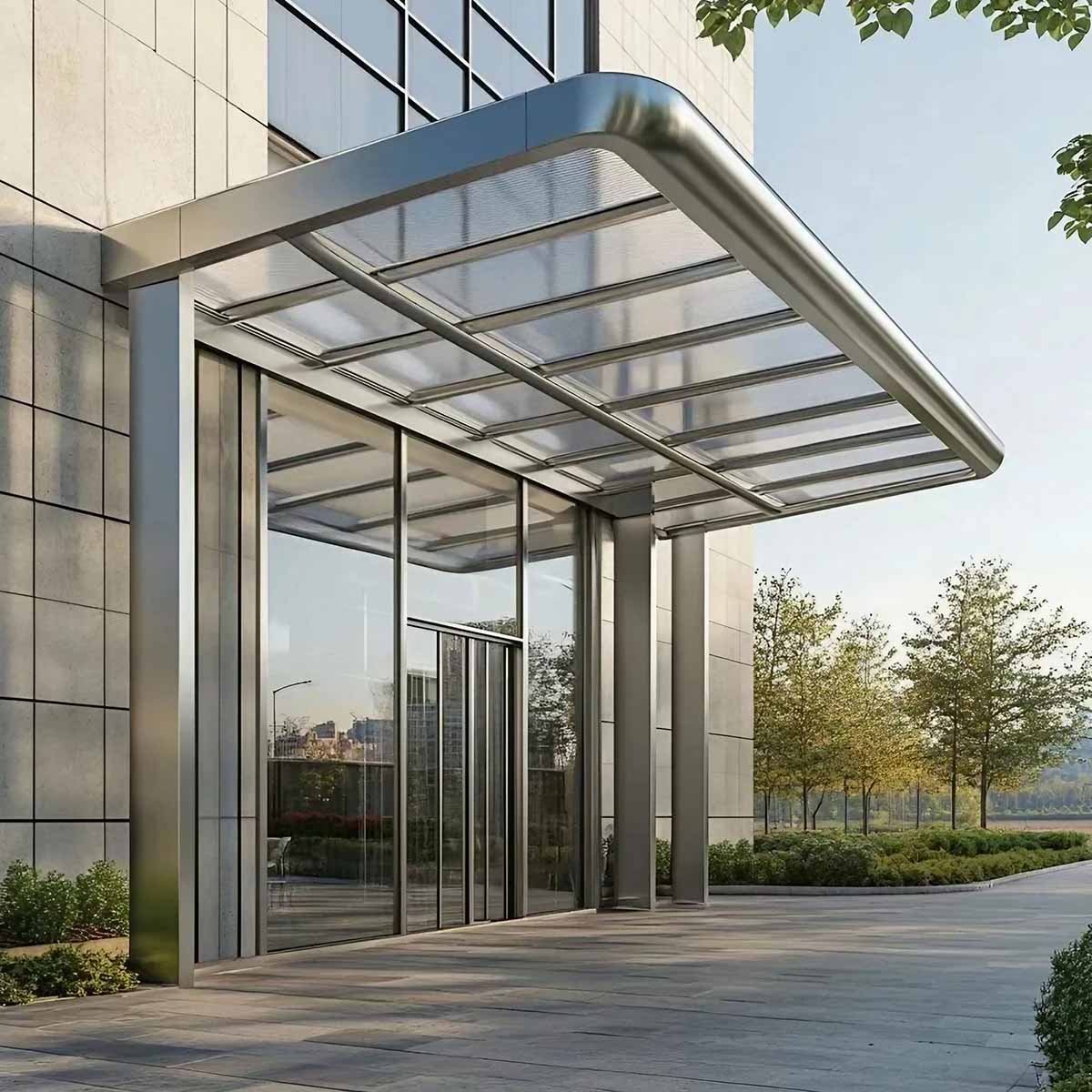 Custom stainless steel glass canopy by TBK Metal Australia for modern building entrance