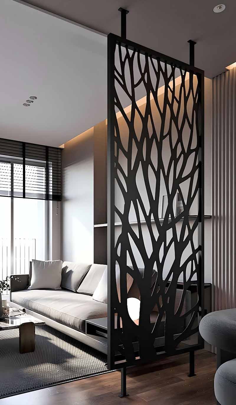 Customization options for architectural metal divider screen panels with various designs and finishes