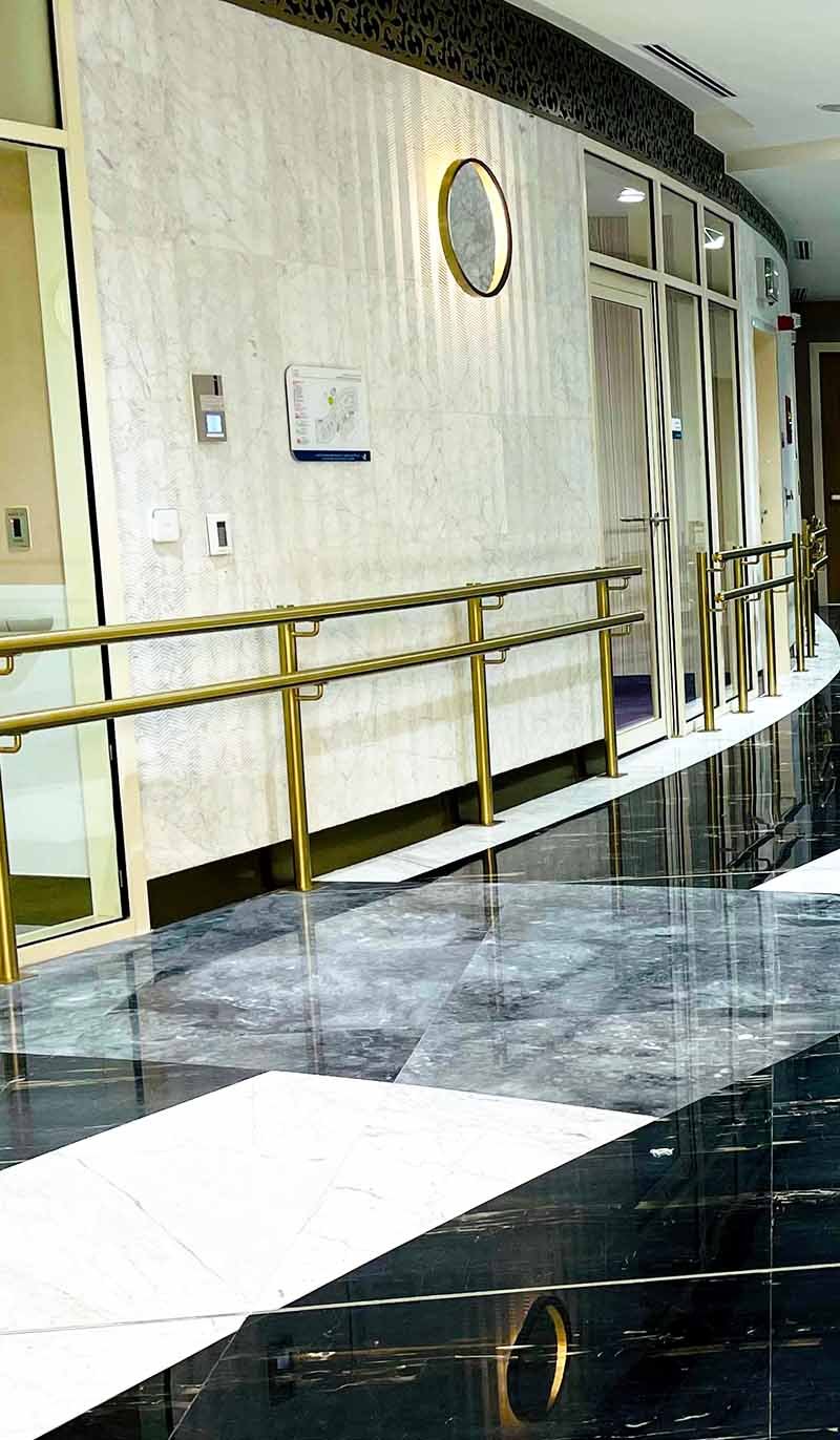 Custom architectural railing and balustrade options with varied metal finishes and designs