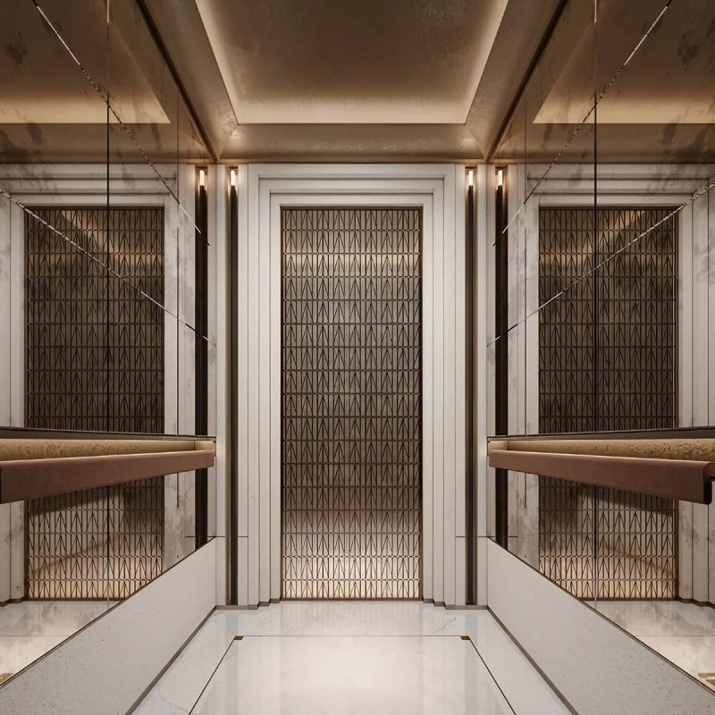 Elevator wall cladding in stainless steel for interior doors and wall surfaces