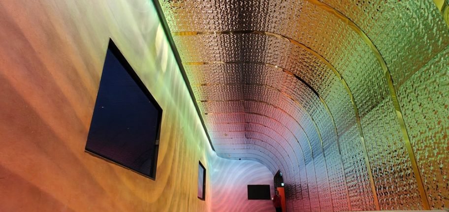 Wynn Resorts (Macau) S.A. interior with custom water ripple stainless steel panels