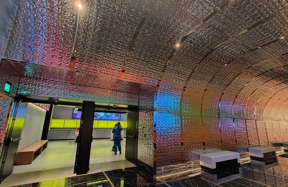 Wynn Resorts (Macau) S.A. interior with custom water ripple stainless steel panels