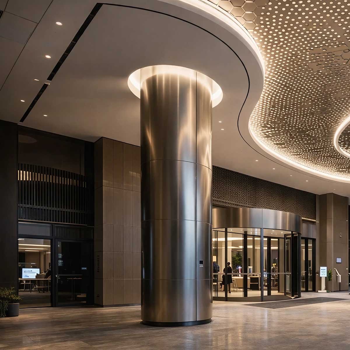 TBK Metal's custom metal column wraps installed in a commercial interior, highlighting sleek design and durable stainless steel finish.