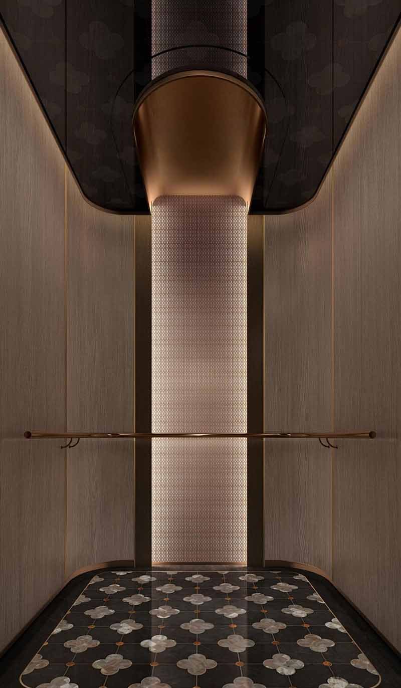 Elevator wall cladding with stainless steel panels for contemporary interior doors