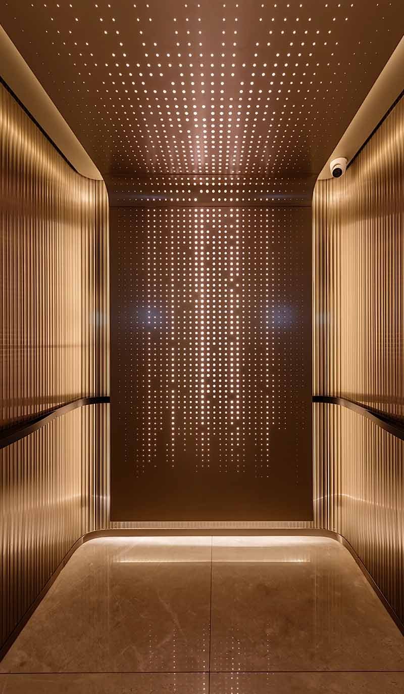 Elevator wall cladding with stainless steel panels around interior elevator doors