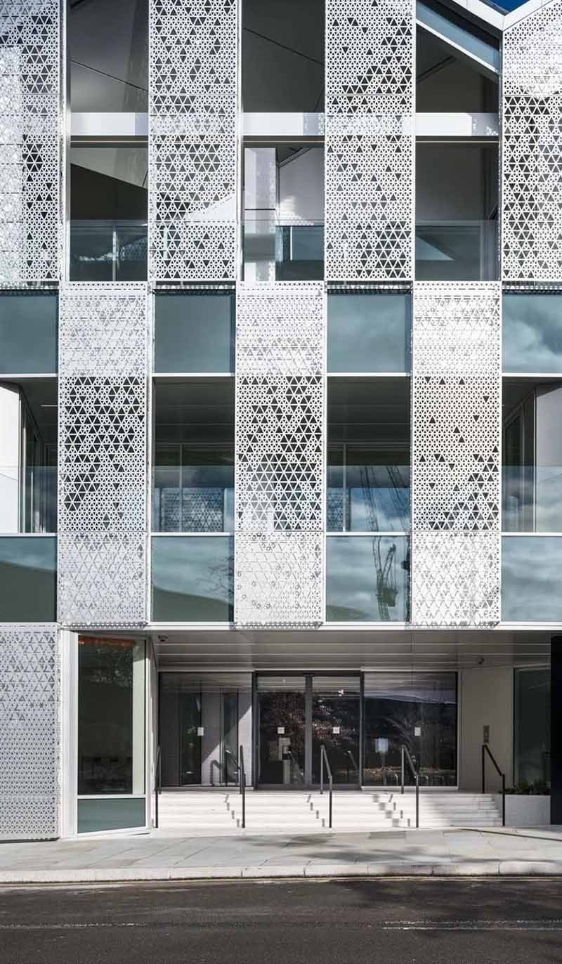 Laser-cut aluminium facade cladding panels installed for architectural exterior projects