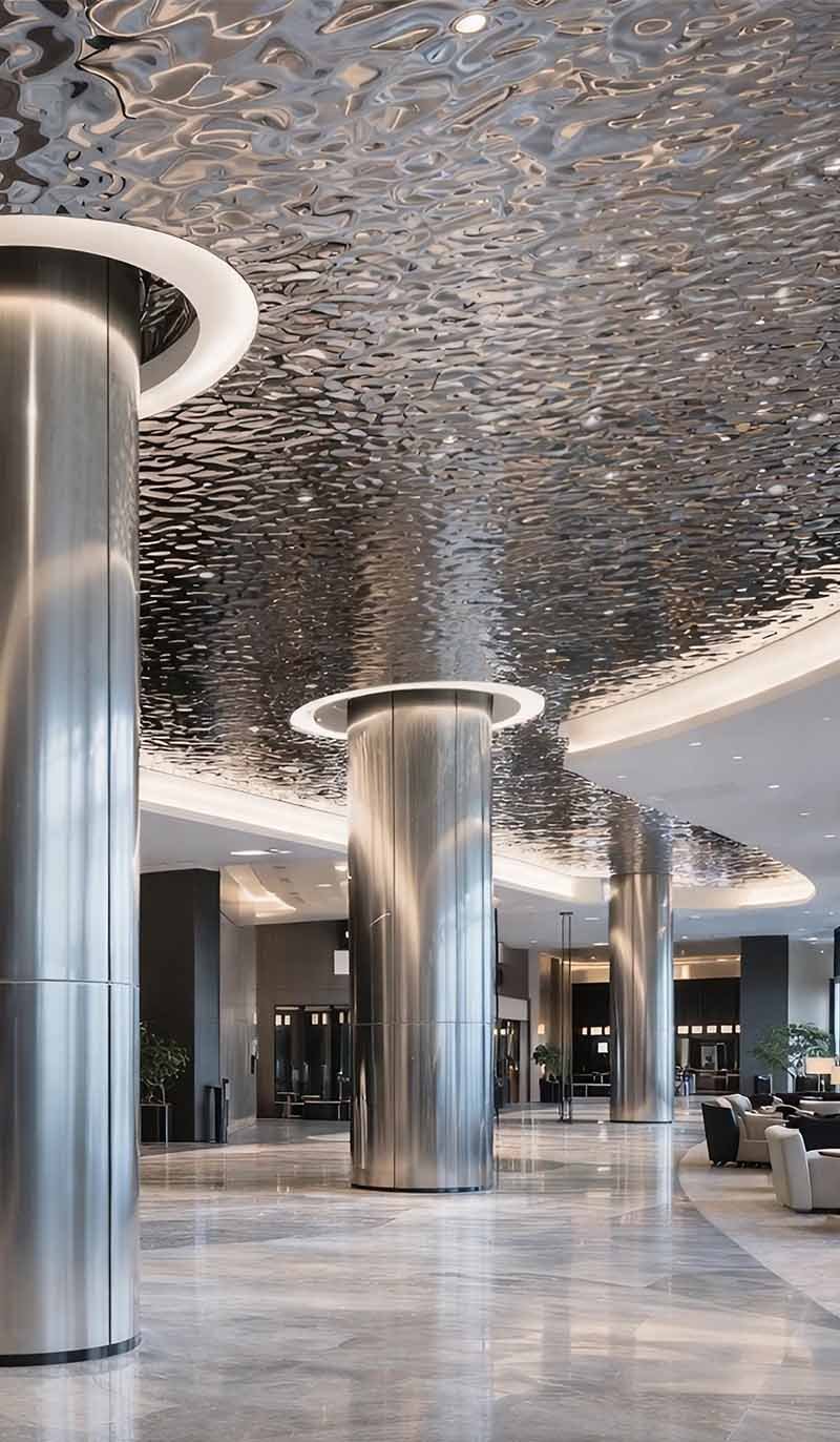 Stainless steel column wraps and covers for architectural projects