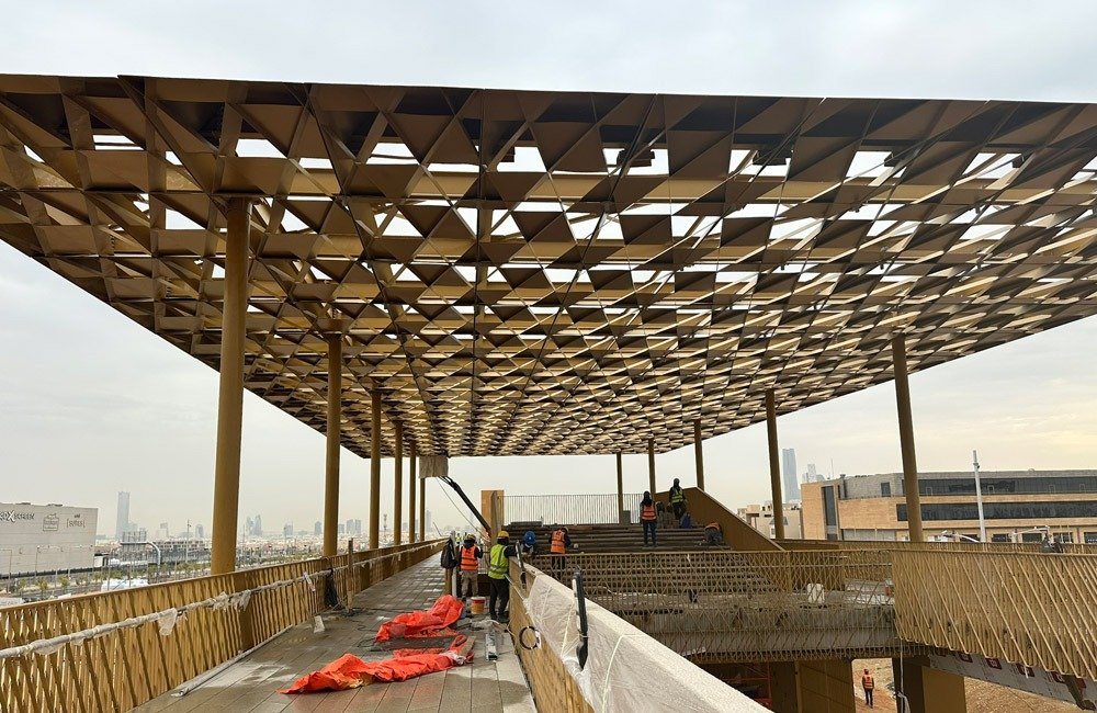 Custom facade and canopy details for Sports Boulevard Riyadh pedestrian bridge project by TBK Metal