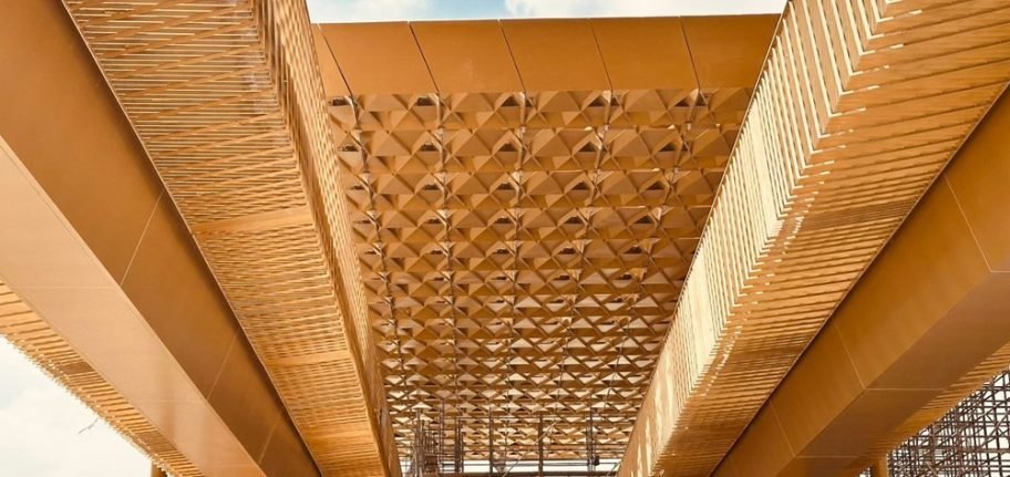 Sports Boulevard Riyadh pedestrian bridge structure with custom metal canopy and facade by TBK Metal