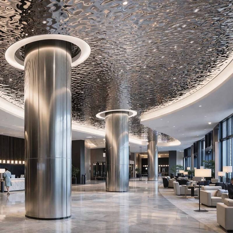 TBK Metal's stainless steel column covers wraps installed in a modern interior, showcasing premium finish and custom design.