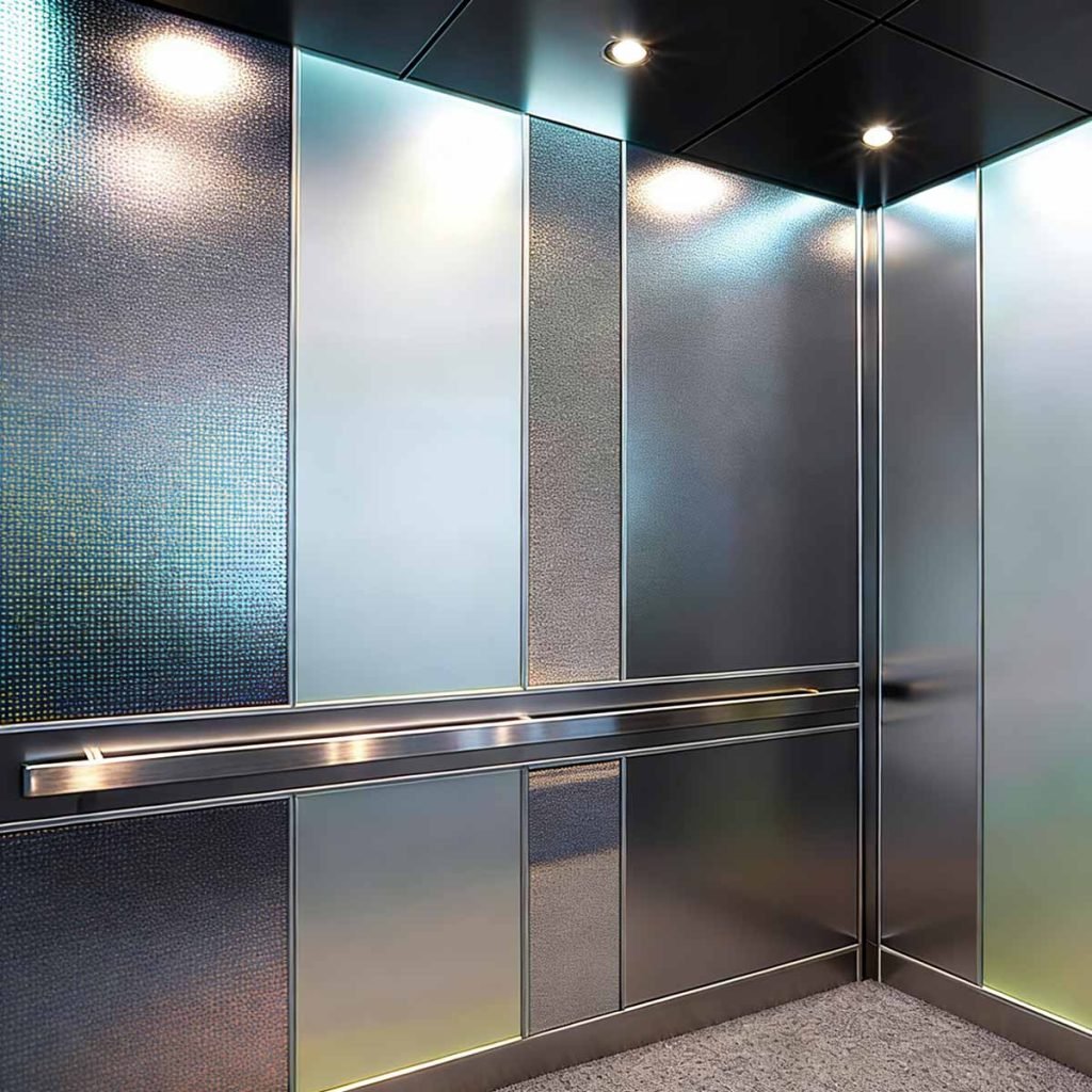 Stainless steel elevator interior with decorative wall panels and custom handrail