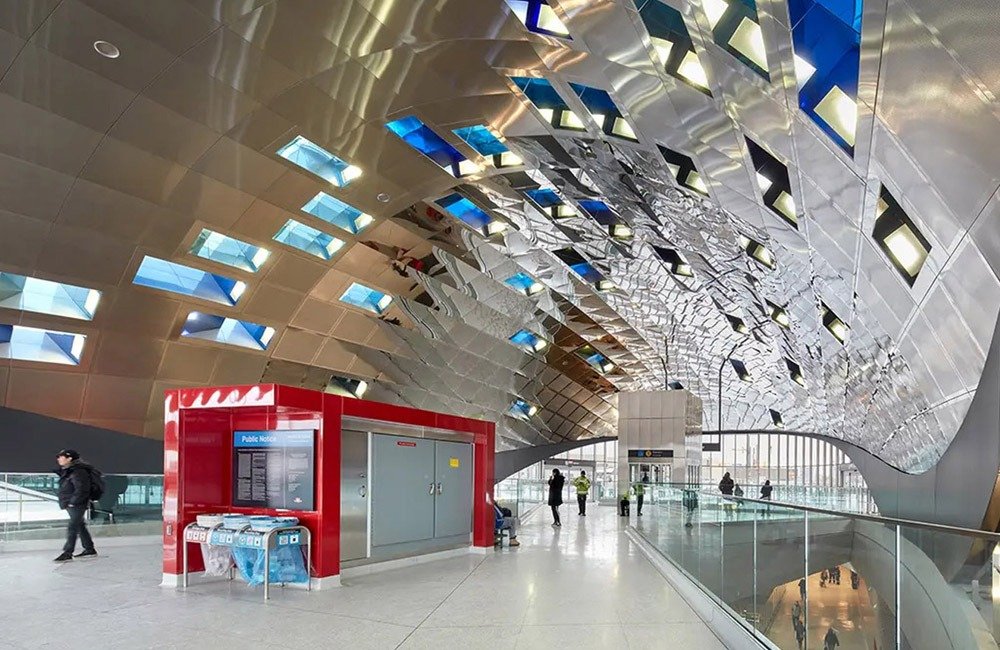 Vaughan Metropolitan Centre Station with architectural stainless steel ceiling panels