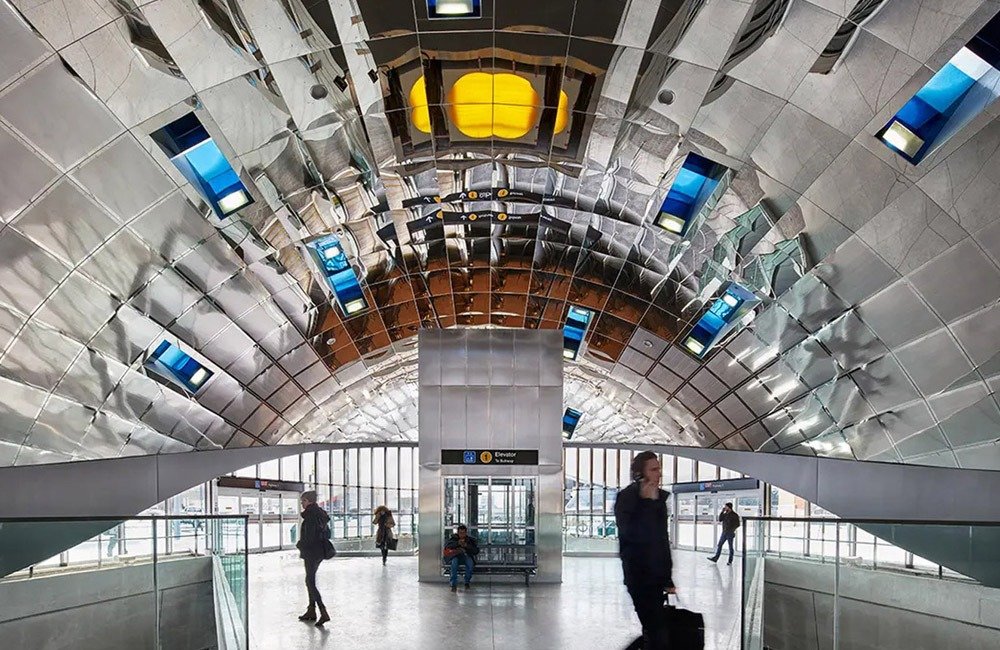 Stainless steel ceiling panels inside Vaughan Metropolitan Centre Station