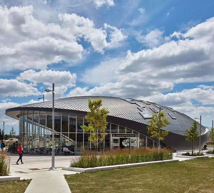 Mirror-finished stainless steel ceiling at Vaughan Metropolitan Centre Station