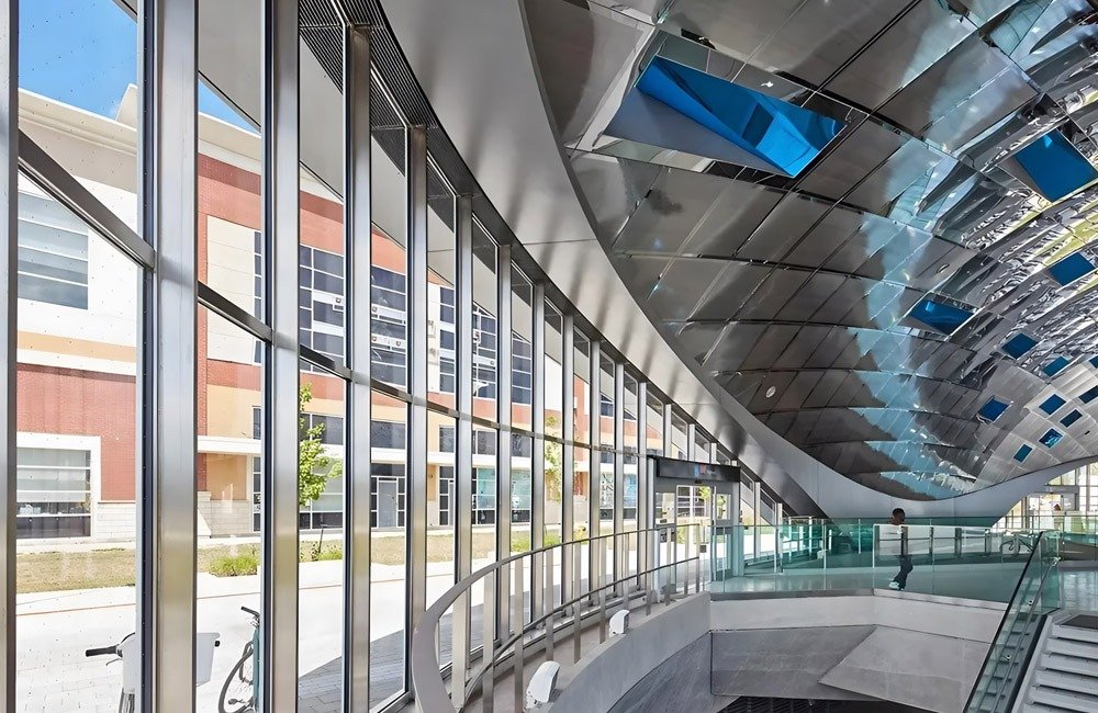 Reflective stainless steel ceiling at Vaughan Metropolitan Centre Station