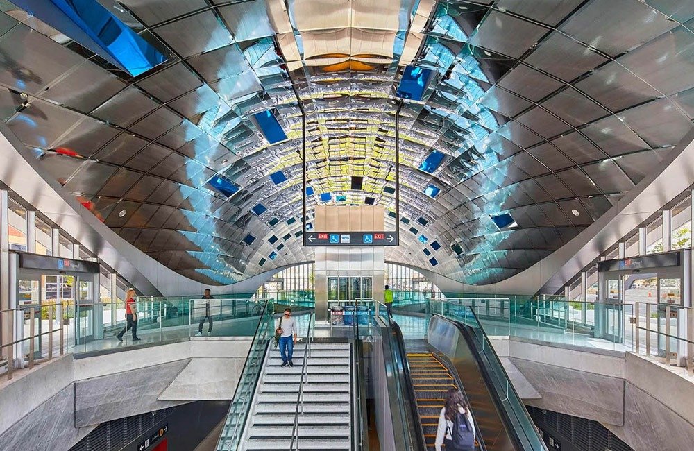 Mirror-finished stainless steel ceiling panels at Vaughan Metropolitan Centre Station