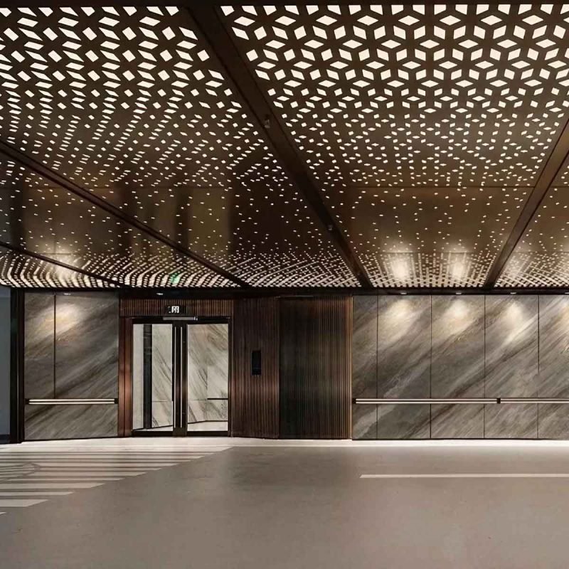 Aluminium laser-cut metal ceiling panels of TBK Metal Australia with decorative patterns for modern architectural interior design