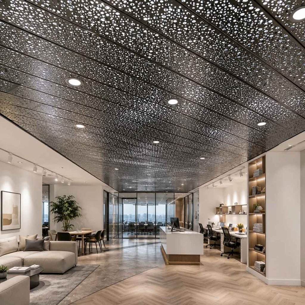 Architectural laser-cut metal ceiling with aluminium panels featuring intricate geometric perforation patterns in modern interior space