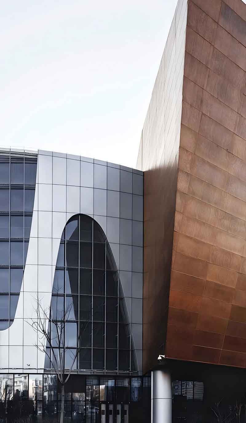 Customisation options for copper facade cladding panels in different shapes, sizes, finishes, and architectural configurations