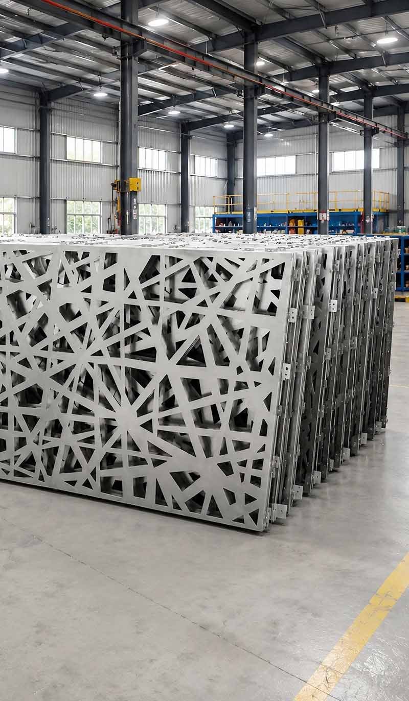 Custom laser-cut metal ceiling aluminium panels with varied perforation pattern samples for architectural design selection