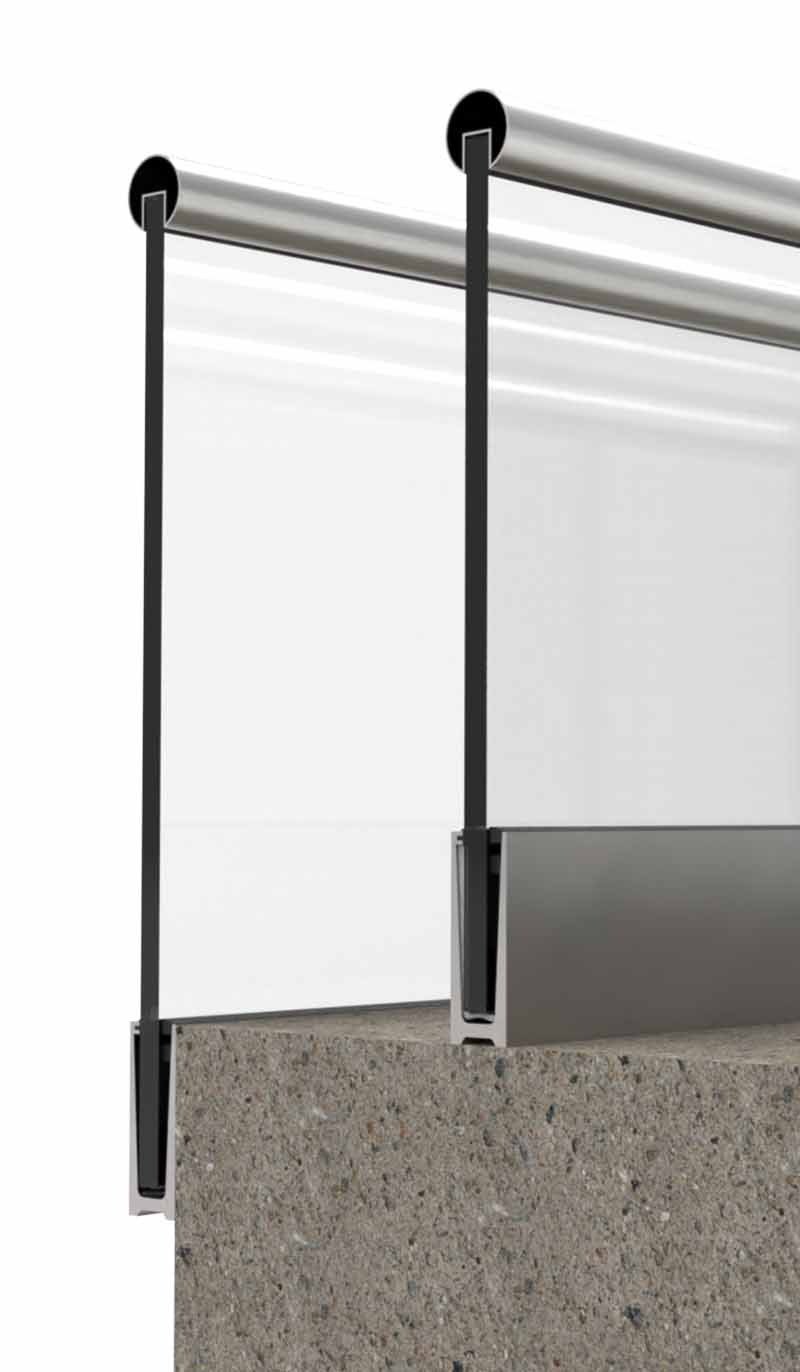 TBK Metal’s frameless glass railing and balustrade system customization options with aluminium base shoe profiles