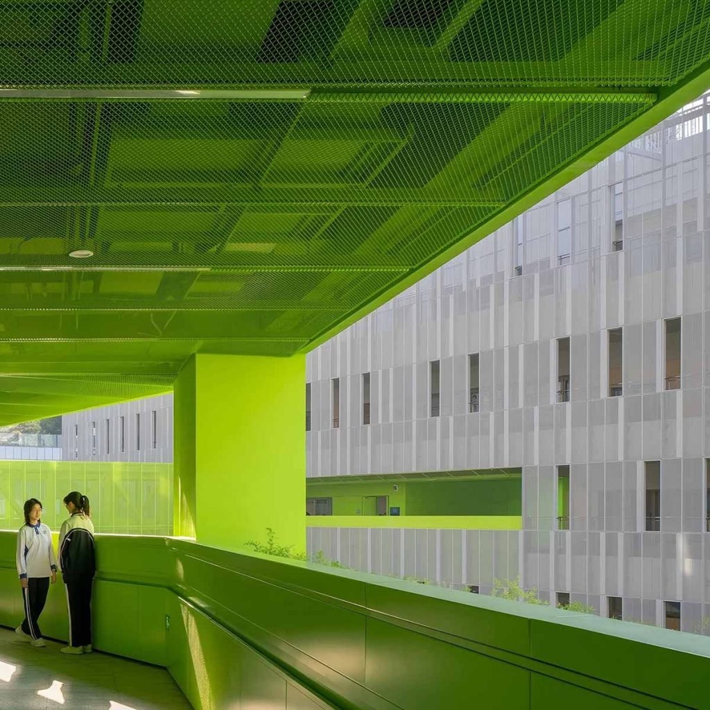 Expanded metal mesh ceiling panels with modern architectural design for interior spaces