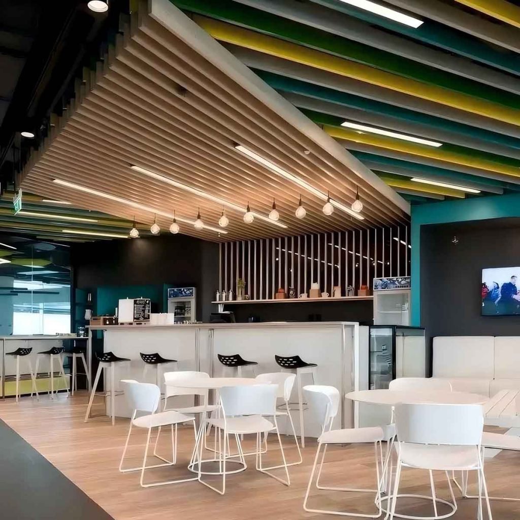 Linear metal ceiling system with linear panels for modern architectural interiors