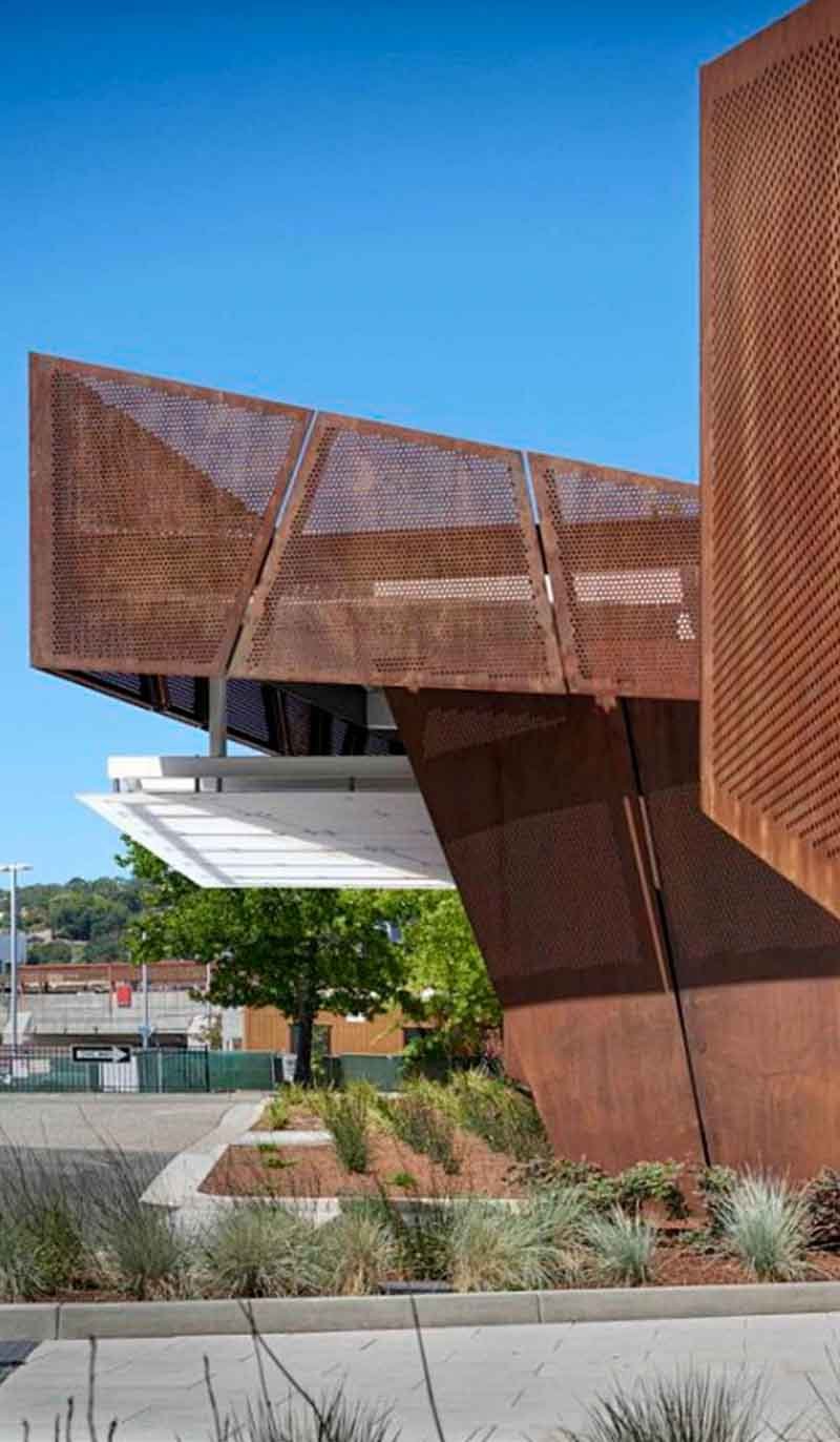 Corten steel facade cladding panels used in an architectural project