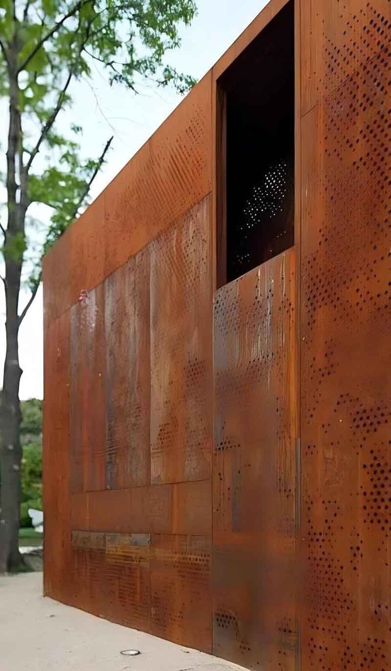 Corten steel facade wall cladding panels used in an architectural project