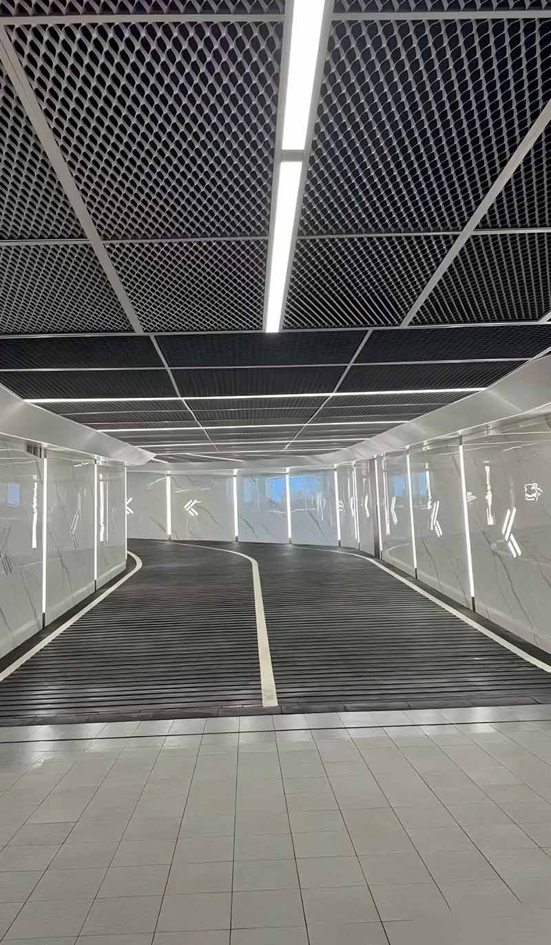 Expanded metal mesh ceiling panels applied in a modern architectural interior project