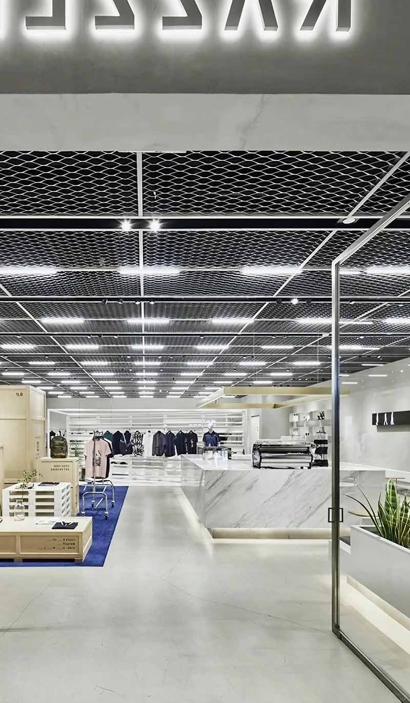Expanded metal mesh ceiling panels installed in an architectural interior project