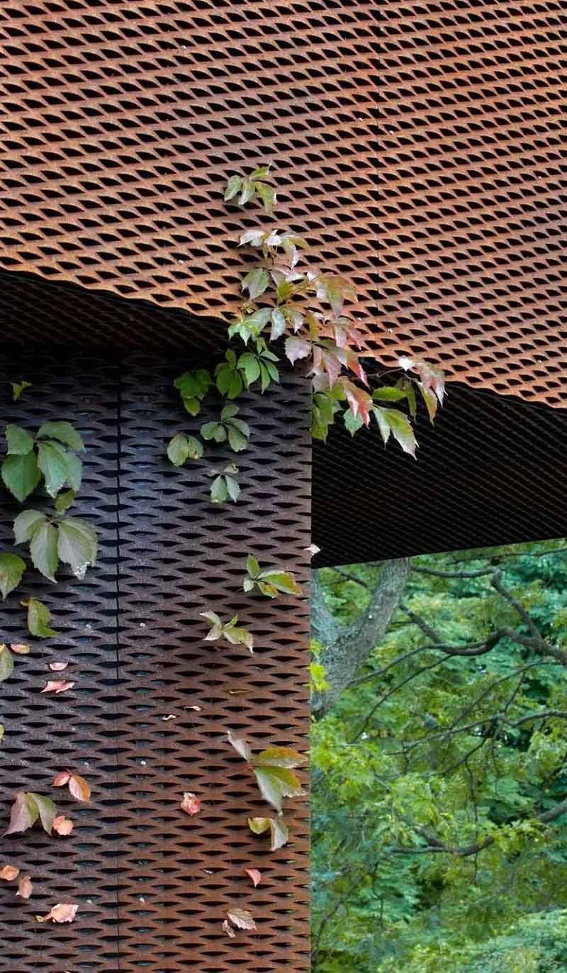 Expanded metal mesh facade cladding panels featured in an architectural exterior application