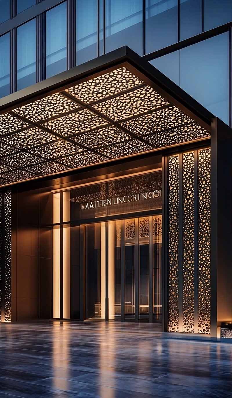 Architectural laser-cut metal ceiling with aluminium panels featuring custom perforated geometric patterns in contemporary interior space