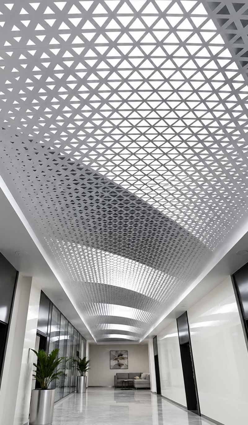 Modern laser-cut metal ceiling with aluminium panels featuring intricate decorative perforation design in contemporary interior architecture