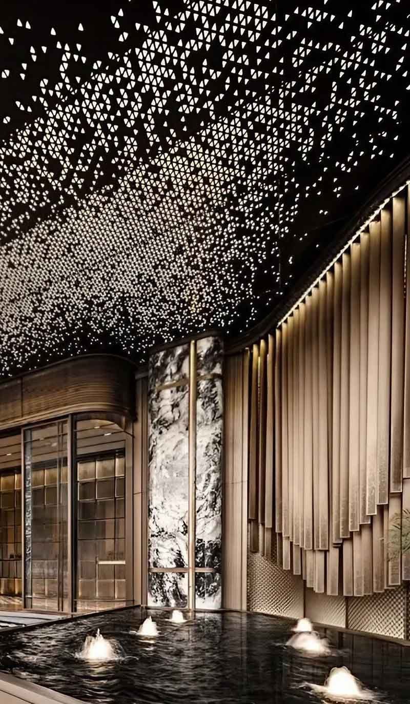 Perforated metal ceiling installation showcasing modern architectural interior design