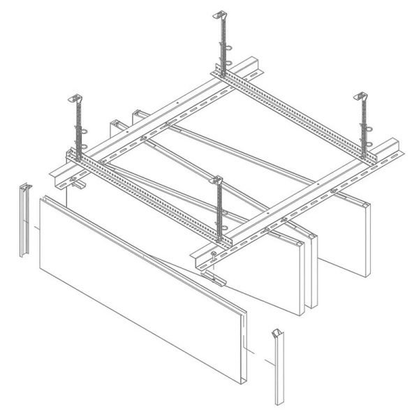 Divergent baffle metal ceiling detail showing angled aluminium panel arrangement and suspended architectural ceiling structure connection.