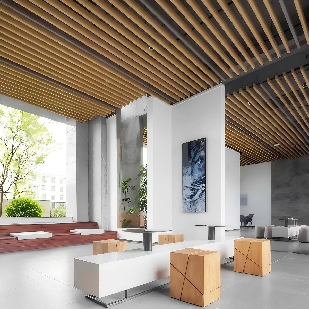 TCS Levels linear ceiling with multi-height linear metal panels for architectural interiors