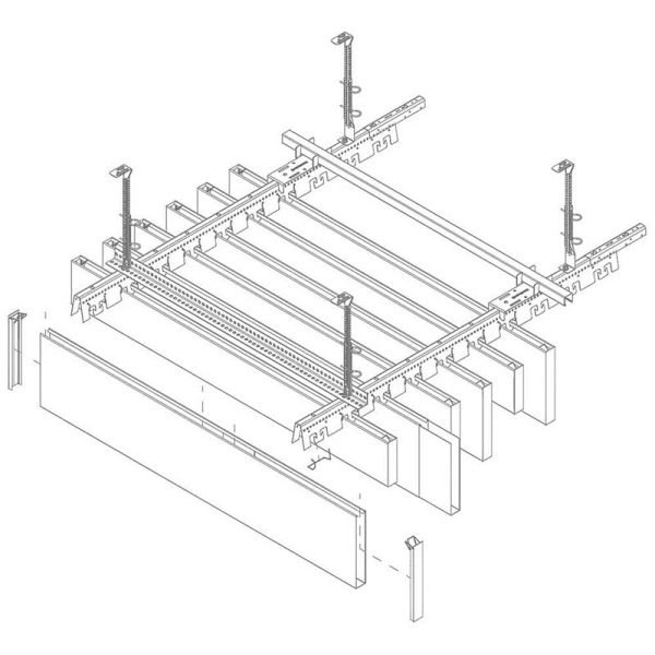 TCS Levels metal linear ceiling detail with multi-height linear aluminum profiles